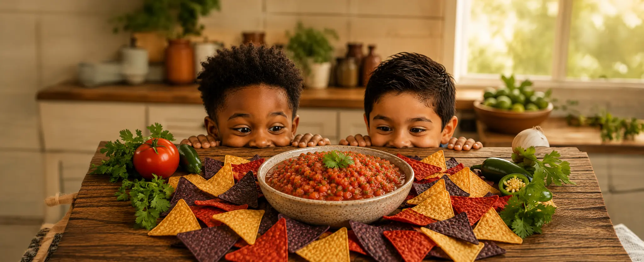 Two kids peeking over a kitchen table at a bowl of My Salsa surrounded by colorful tortilla chips