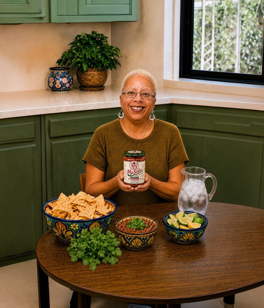 Marque Collins, founder of My Salsa, holding a jar of My Salsa at her kitchen table